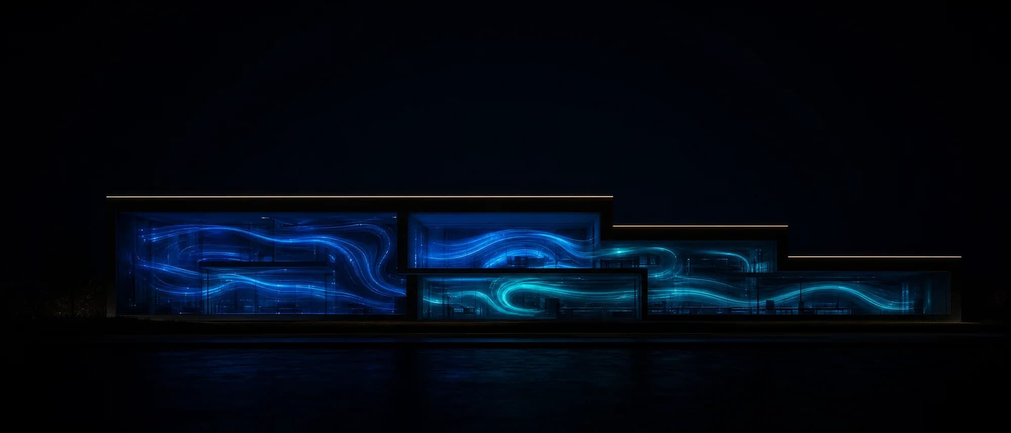 A clinic building at night, luminous data streams circulating inside its walls and nothing leaving the structure.