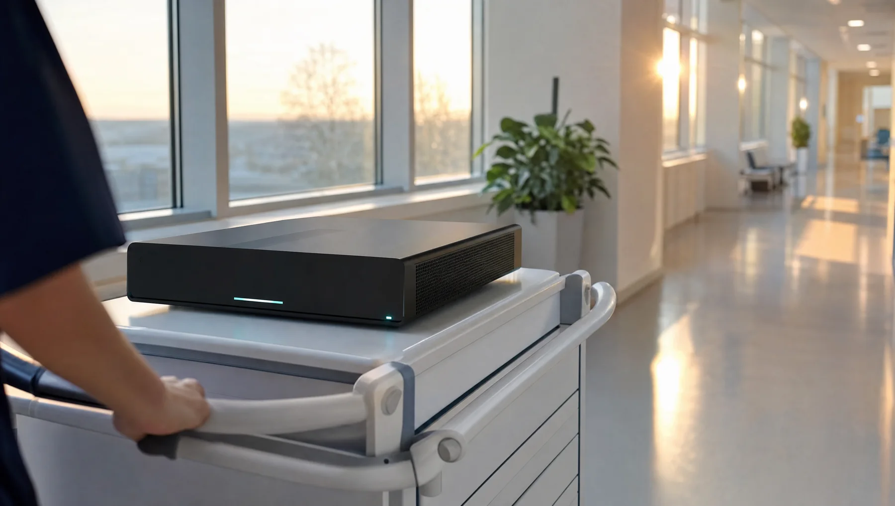 The OxRad on-site node on an equipment trolley in a bright clinic corridor at dawn.