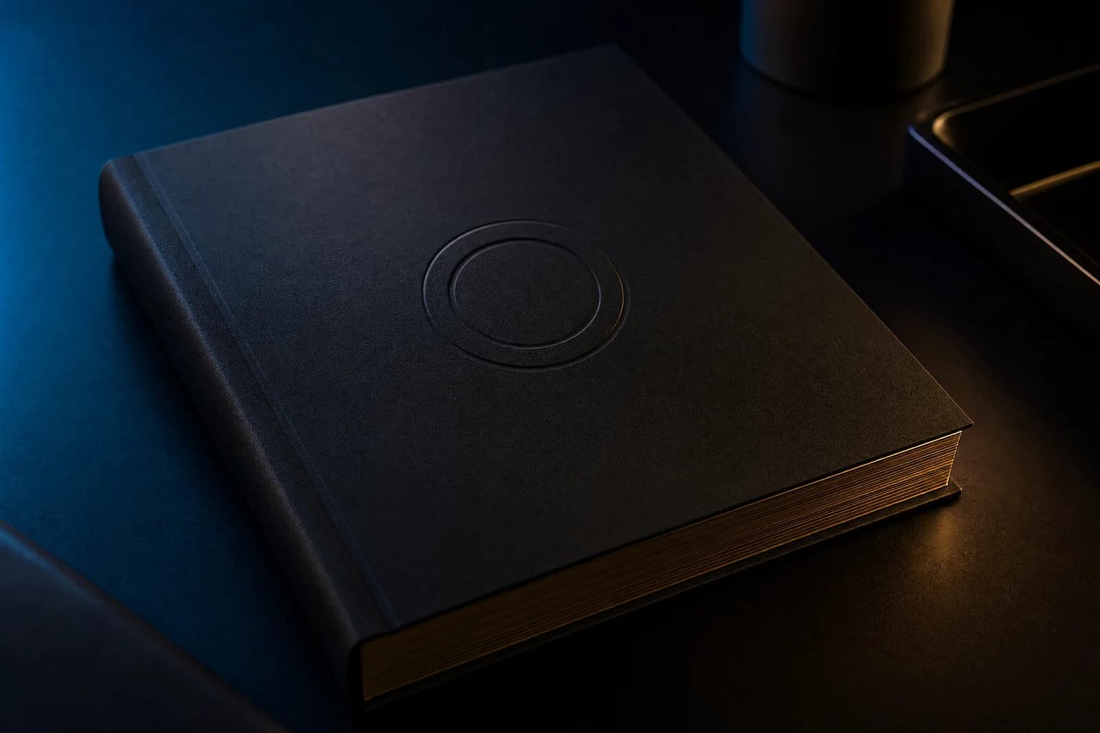 A bound engineering dossier with an embossed ring emblem and gold page edges, on a dark desk.