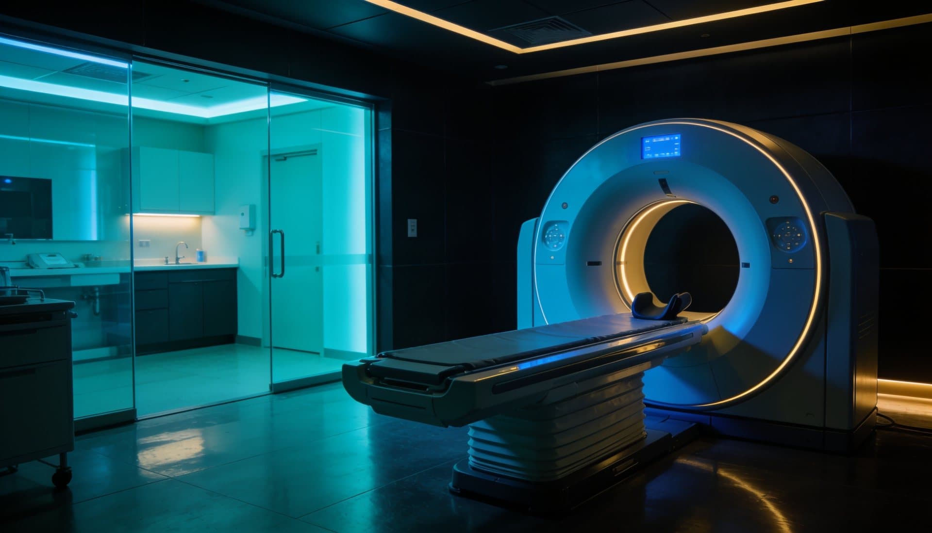 A modern scanner suite glowing cyan and cobalt in a dark imaging centre.