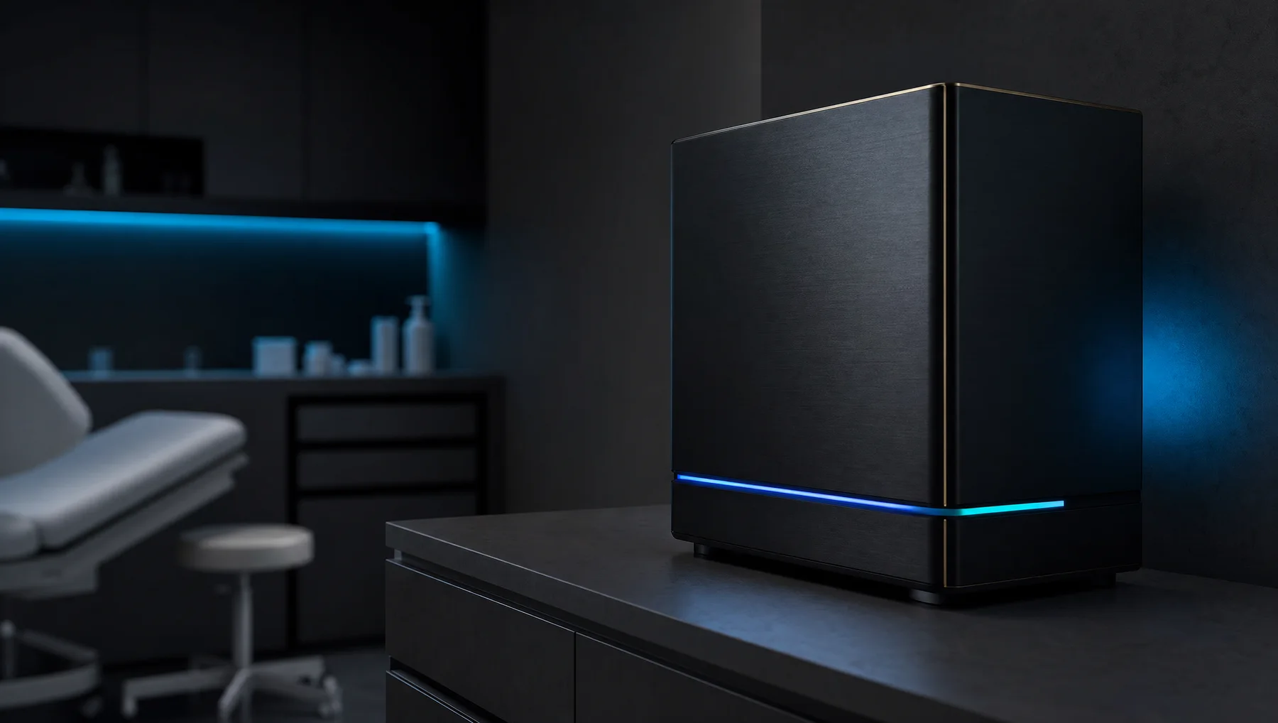 The OxRad on-site node: a compact dark appliance with a cobalt status light, standing in a clinic room.