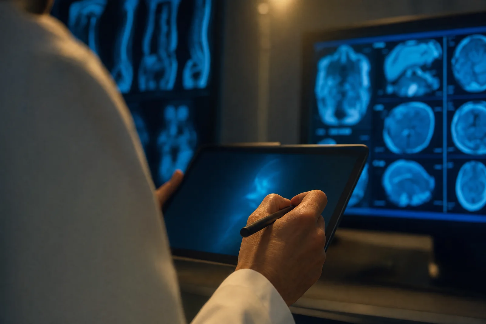 A clinician's hand signing a report with a stylus at a dark reading workstation, scans glowing in the background.