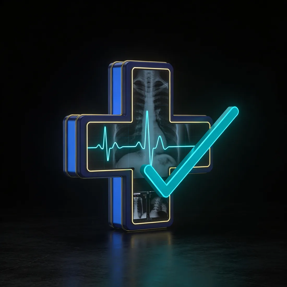 A medical cross with a radiology scan and an approving check, signifying clinical sign-off.