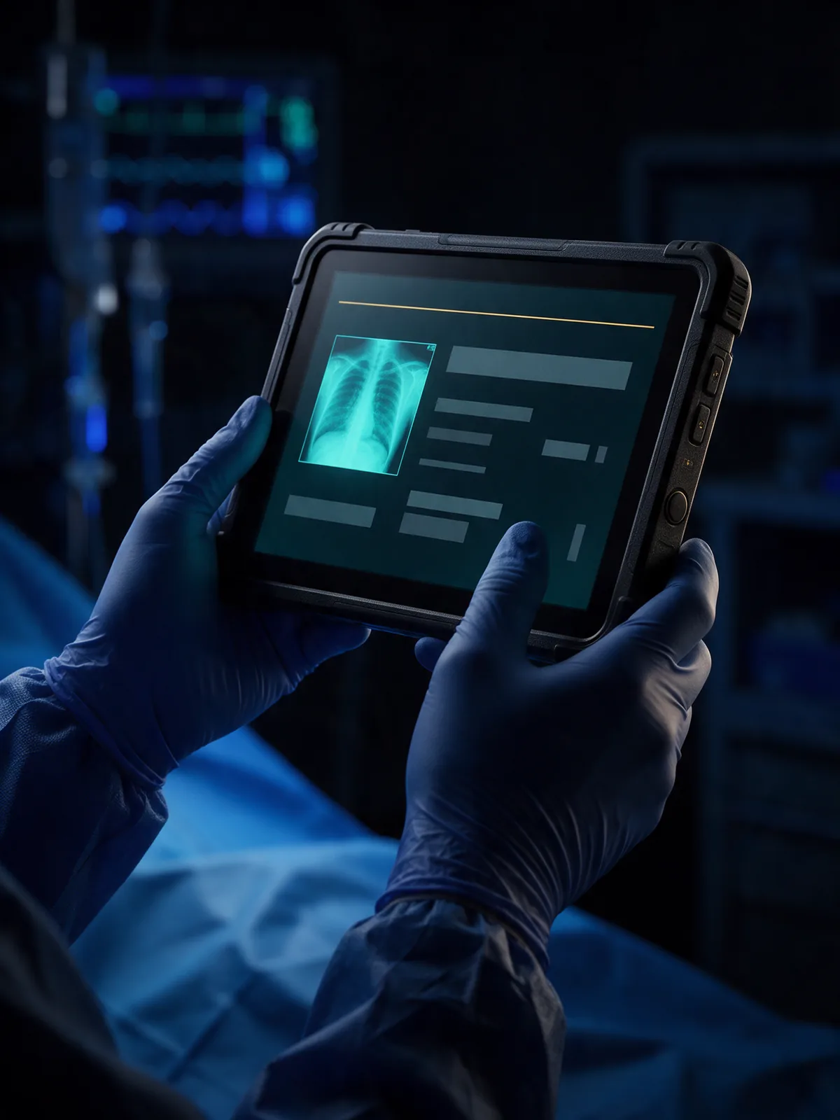 Gloved hands holding a rugged tablet in a darkened clinical space, a chest film beside a draft marked provisional by a fine gold rule.